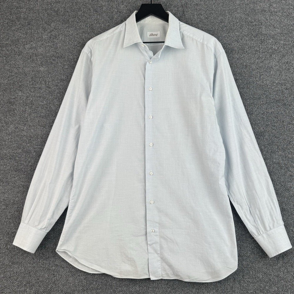 Brioni Dress Shirt Mens 44 17.5 Blue Micro Check Button Up Italy Long Sleeve